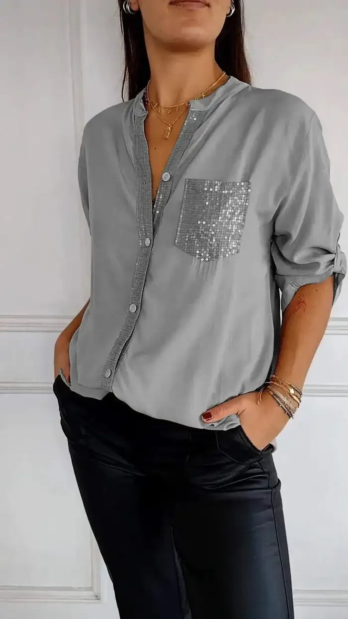 AMARA - Blusa casual con botones y detalles de lentejuelas para mujer