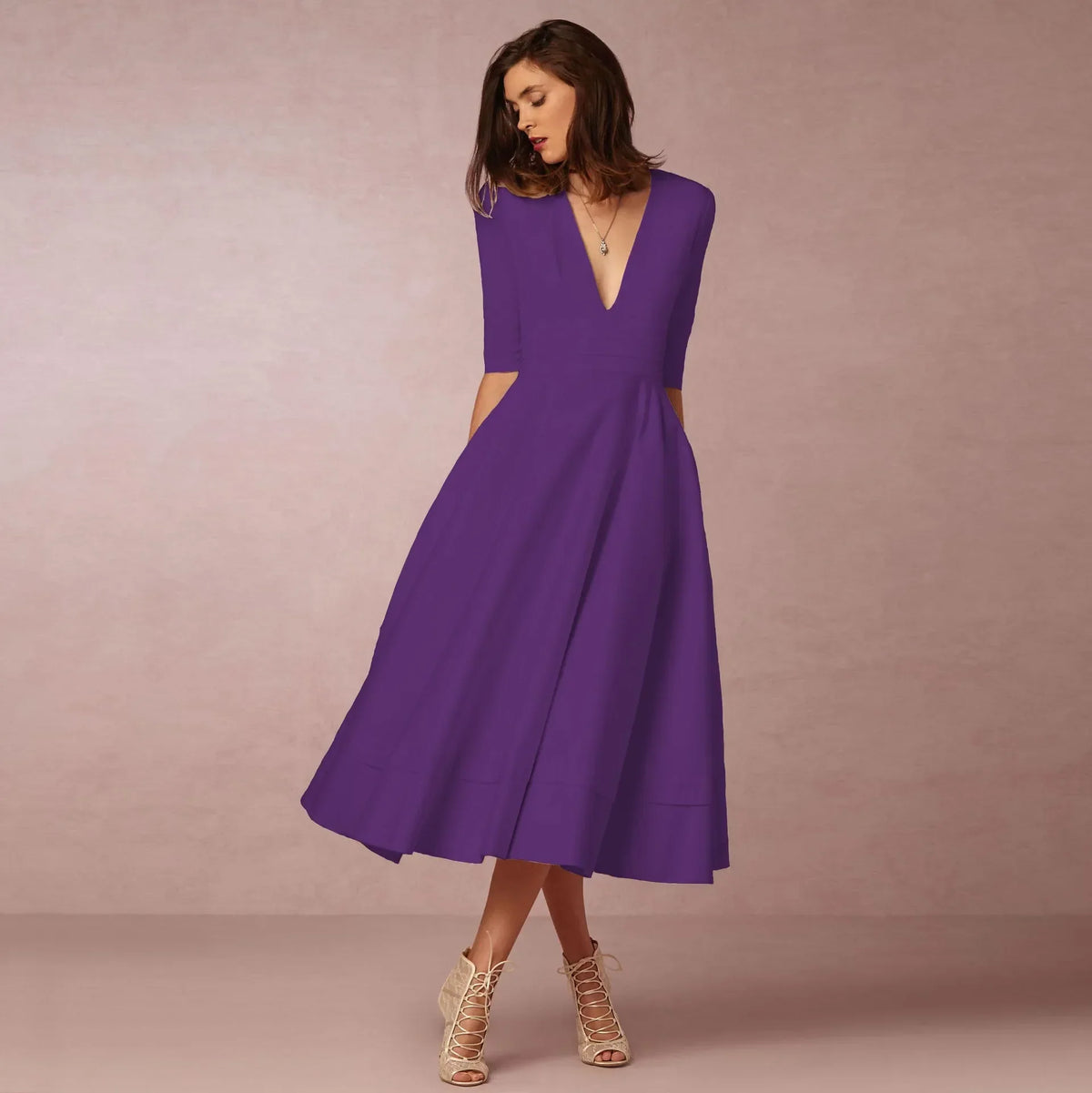Vestido midi con escote en V y mangas al codo para mujer – MARIELA
