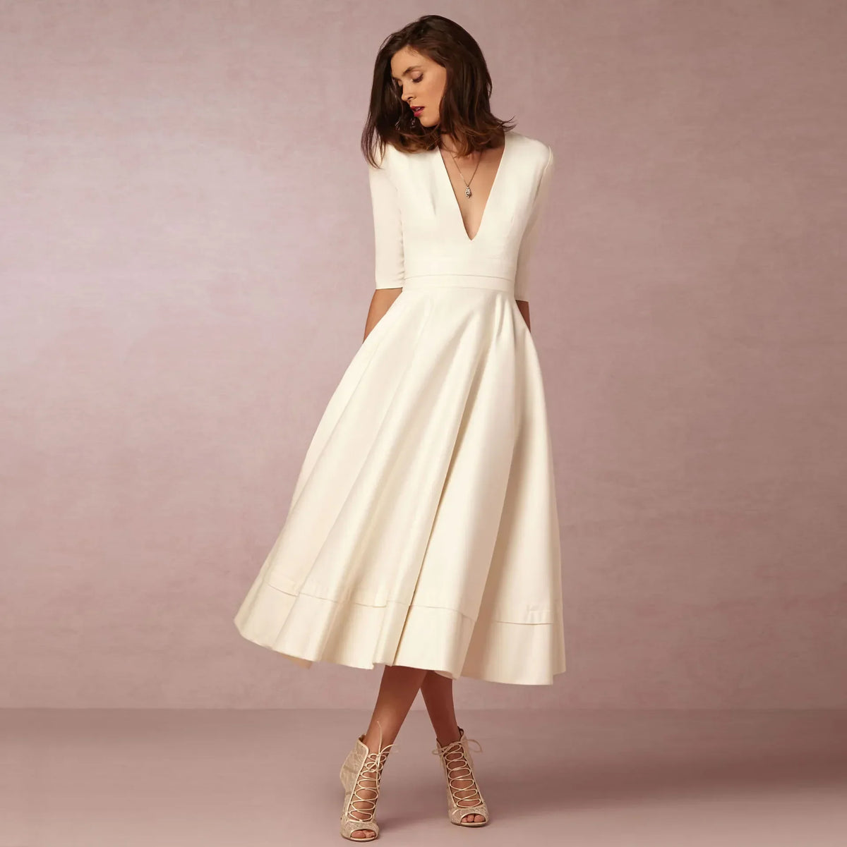 Vestido midi con escote en V y mangas al codo para mujer – MARIELA