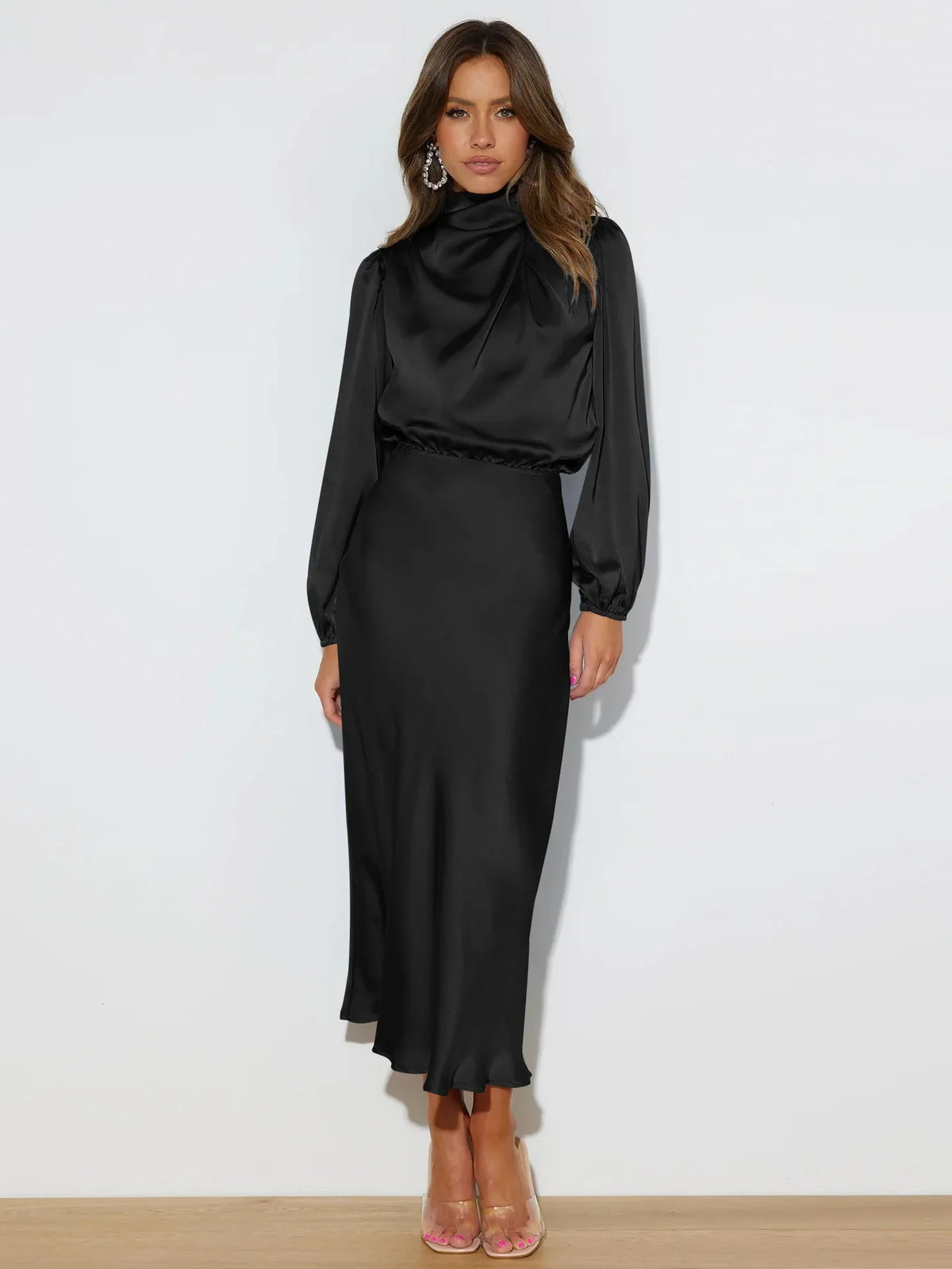 Vestido midi con cuello alto y mangas largas para mujer – VERIE