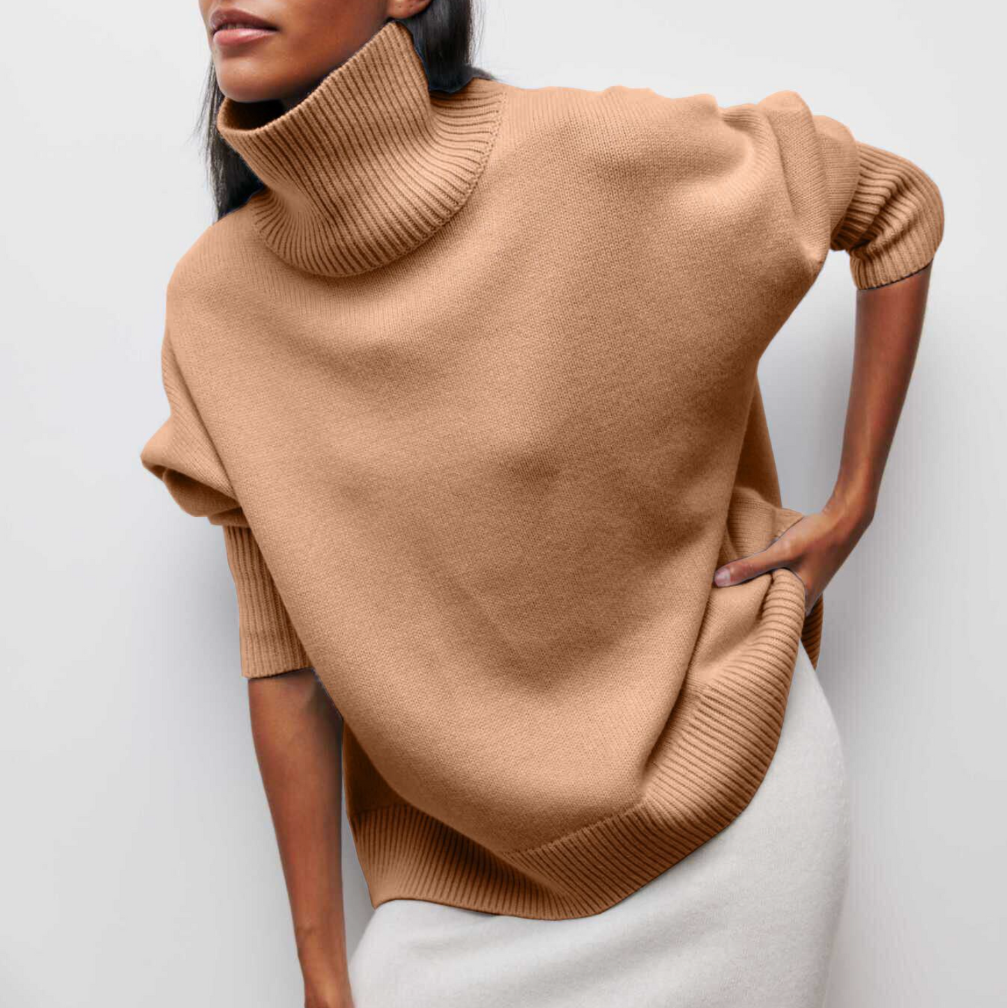 DAMIA - Suéter de cuello alto cómodo y chic en color camel para mujeres