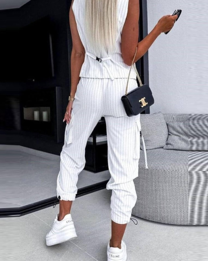 Conjunto de dos piezas con chaleco y pantalón a rayas para mujer – NALYA