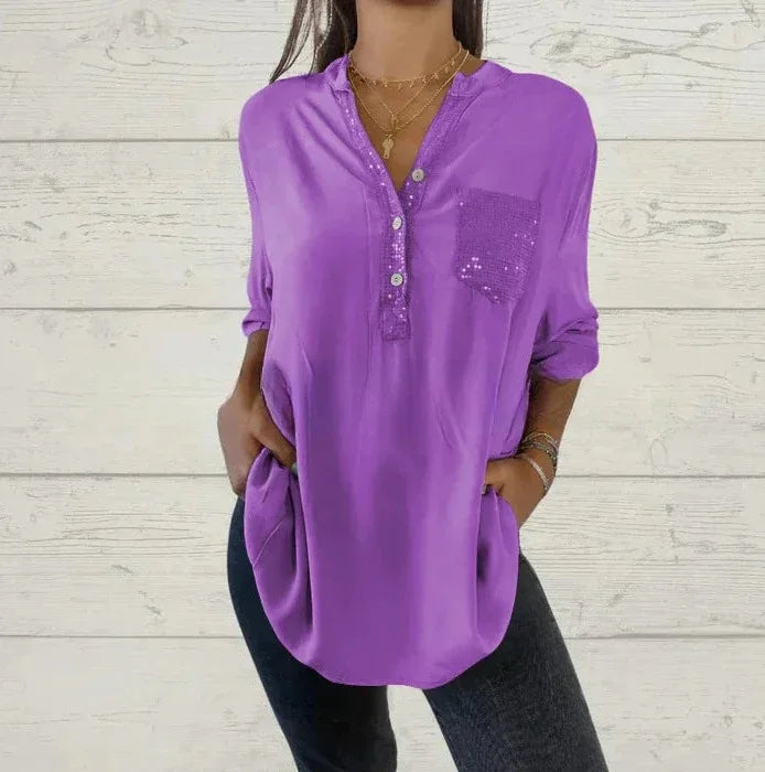 AMARA - Blusa casual con botones y detalles de lentejuelas para mujer