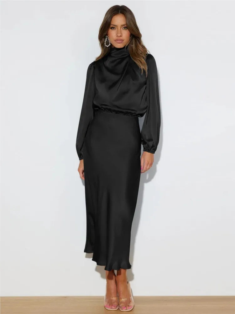 Vestido midi con cuello alto y mangas largas para mujer – VERIE