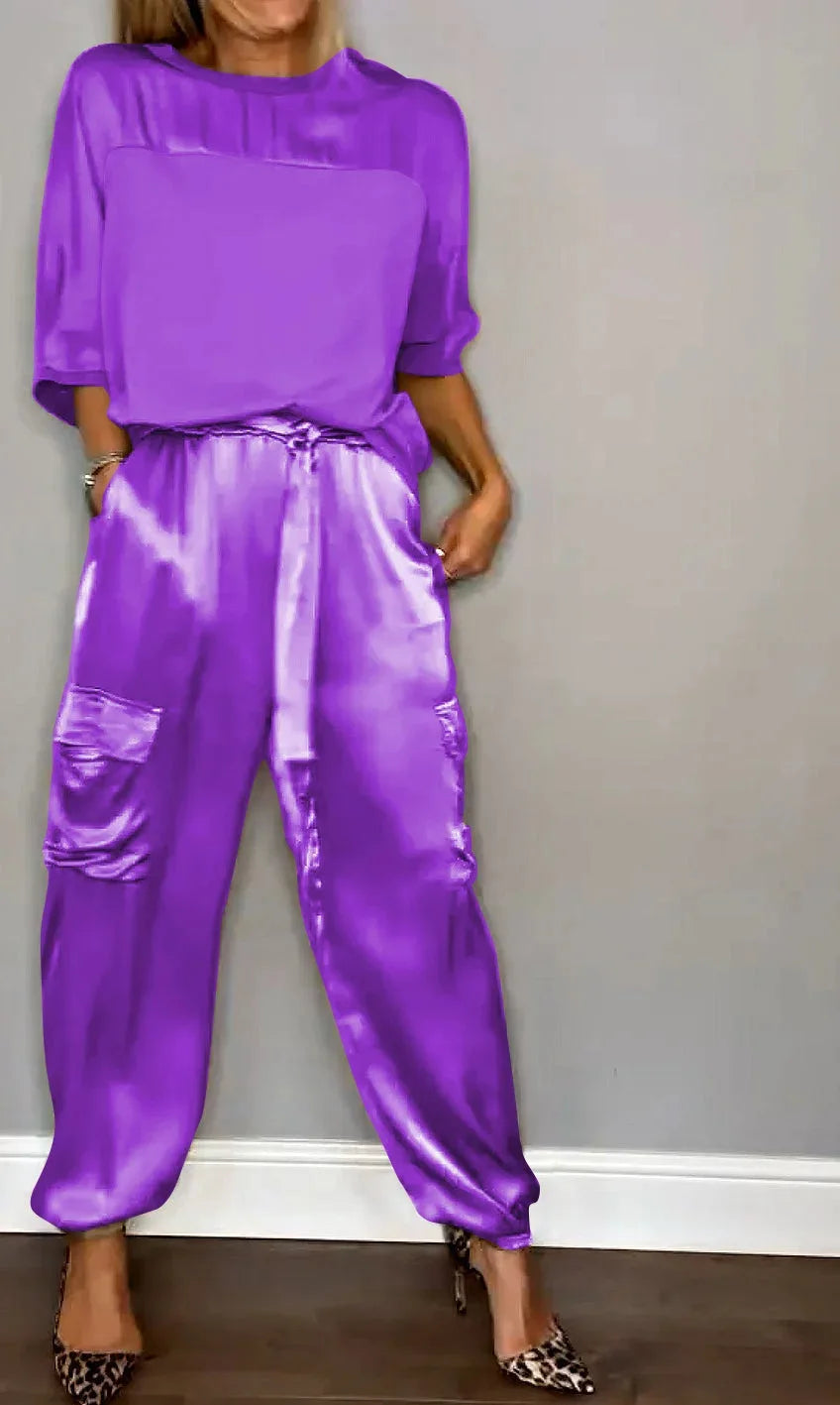 Conjunto satinado de dos piezas para mujer con top suelto y pantalón cargo – KALIA