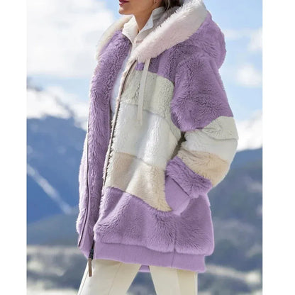 Abrigo de peluche para mujer con capucha y diseño a rayas – SELVINA