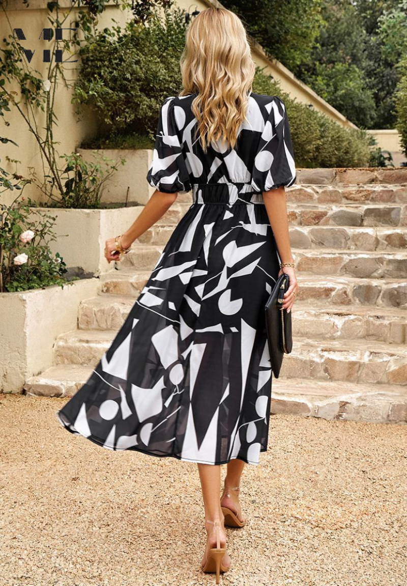 Vestido midi de mujer con escote en V y mangas abullonadas – FATIMA