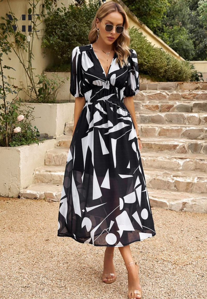 Amal – Vestido midi con escote en V y mangas abullonadas para mujer