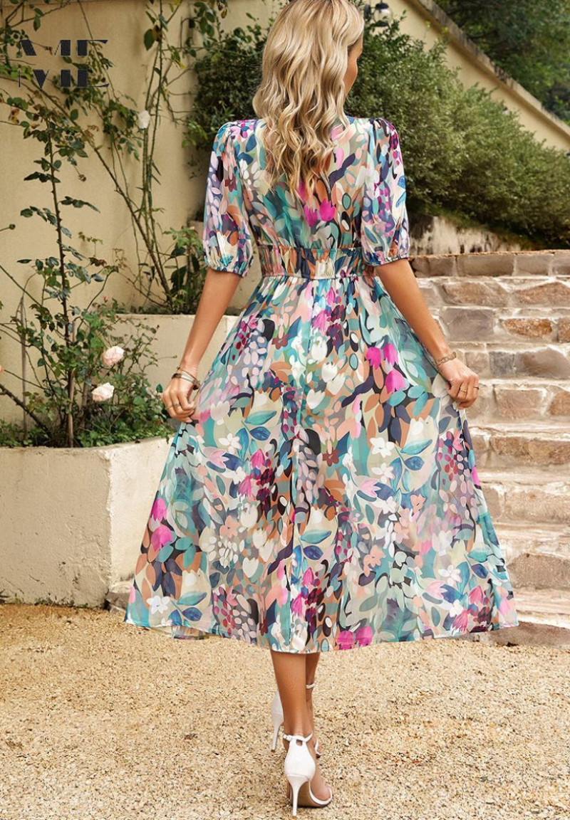 Vestido midi de mujer con escote en V y mangas abullonadas – FATIMA
