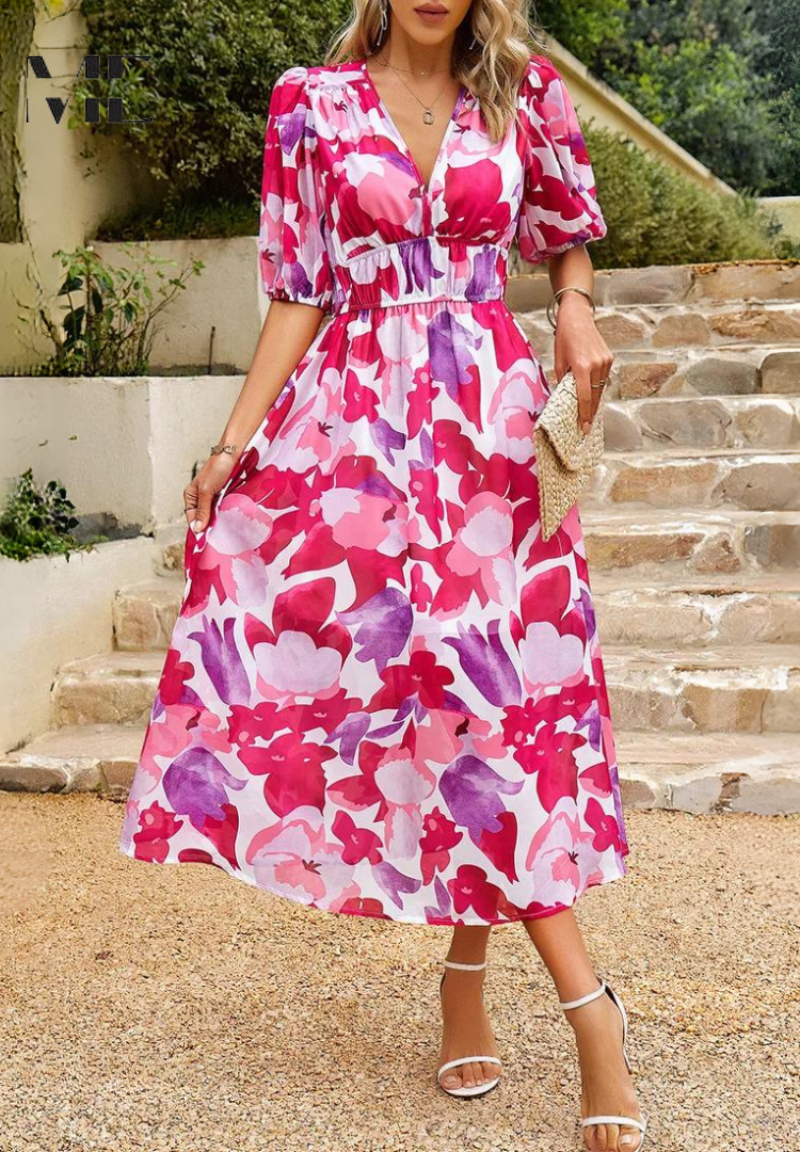Vestido midi de mujer con escote en V y mangas abullonadas – FATIMA