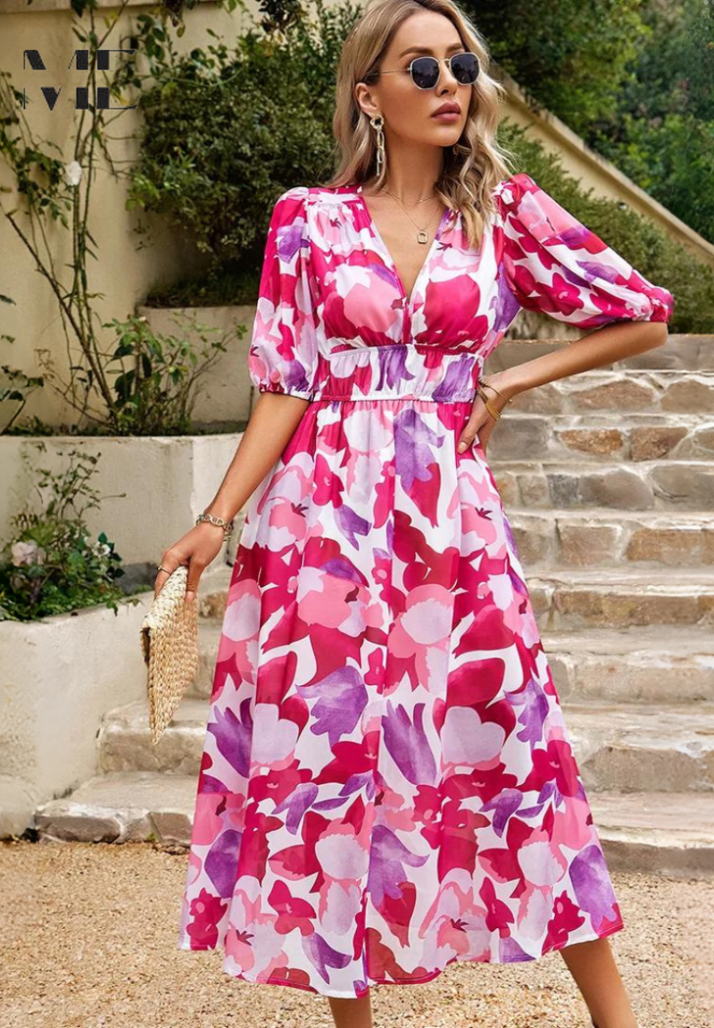 Amal – Vestido midi con escote en V y mangas abullonadas para mujer