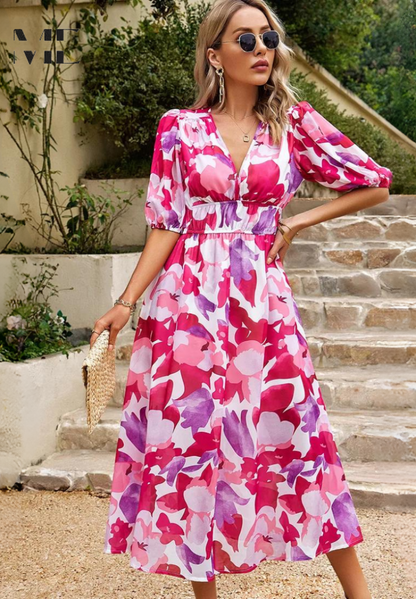 Amal – Vestido midi con escote en V y mangas abullonadas para mujer