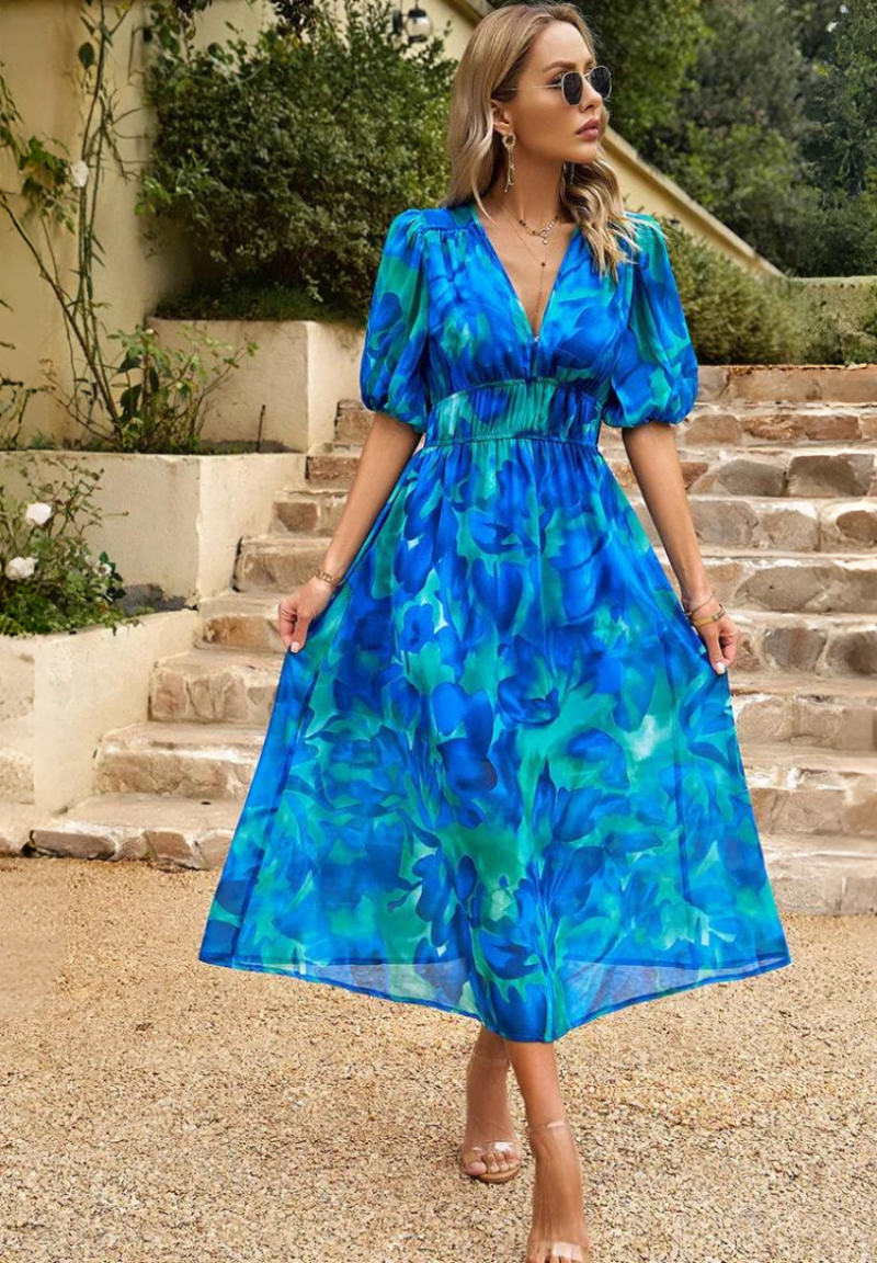 Amal – Vestido midi con escote en V y mangas abullonadas para mujer