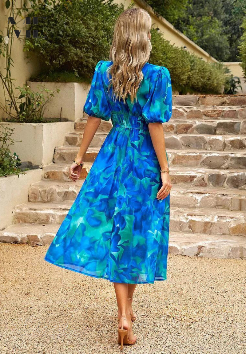Vestido midi de mujer con escote en V y mangas abullonadas – FATIMA