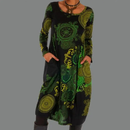 Vestido bohemio midi con mangas largas y estampado único – SIENNA