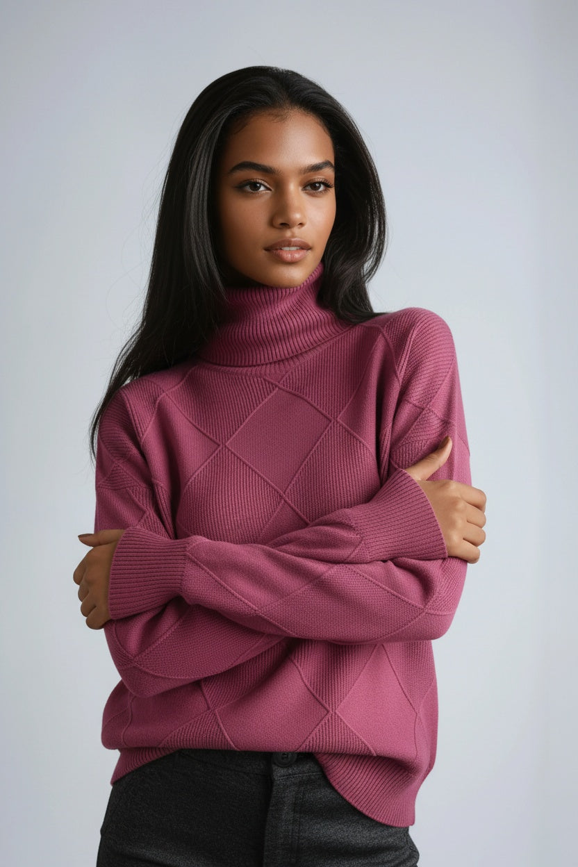 SKYRIA – Jersey de mujer con cuello alto y estampado de cuadros cálido