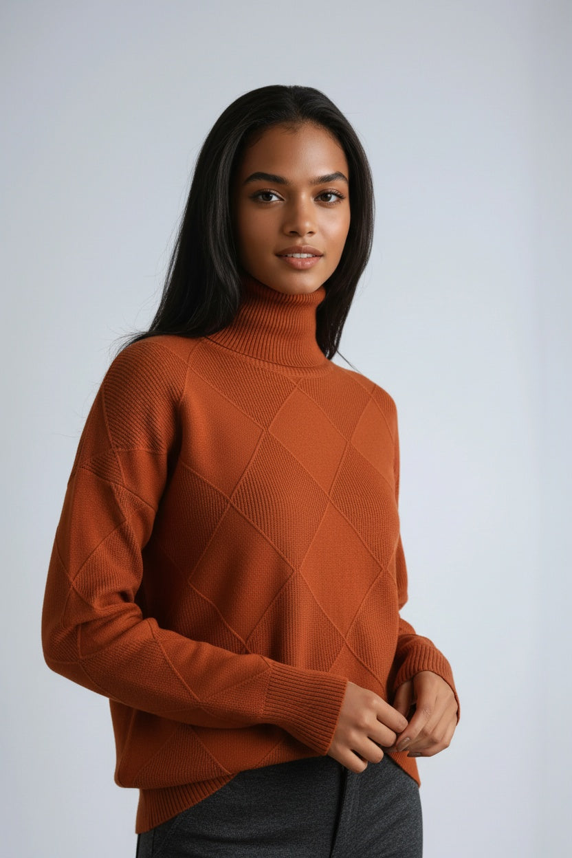SKYRIA – Jersey de mujer con cuello alto y estampado de cuadros cálido