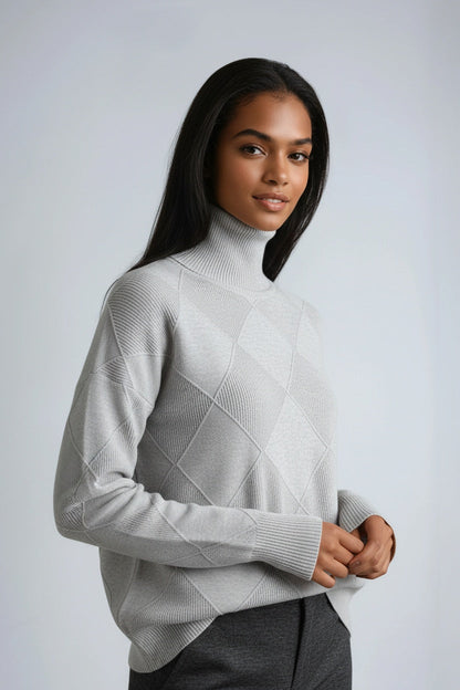 SKYRIA – Jersey de mujer con cuello alto y estampado de cuadros cálido