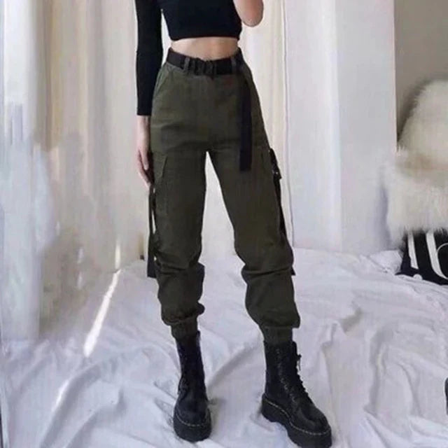 Pantalón cargo de mujer con cintura alta y detalle de cinturón – ROSWITHA