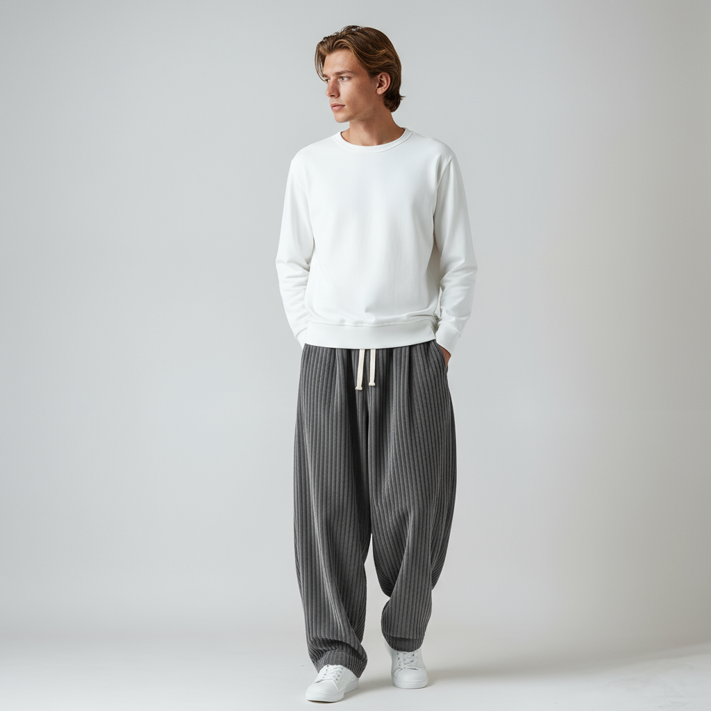 STEVOR – Pantalón ancho de pana para hombre con cintura ajustable