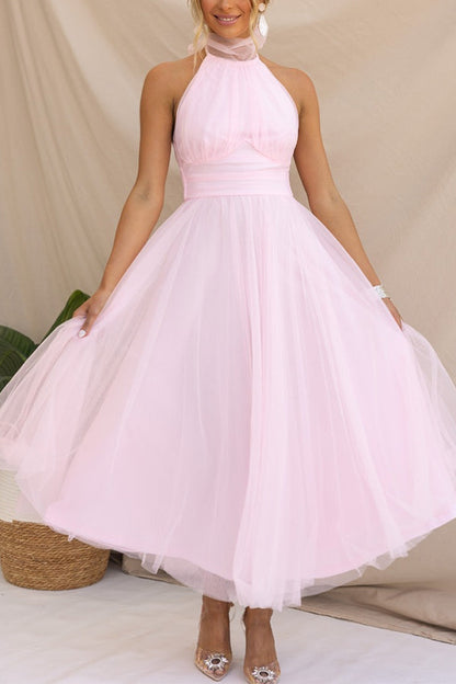 Vestido midi con escote halter y falda voluminosa – Lirenza