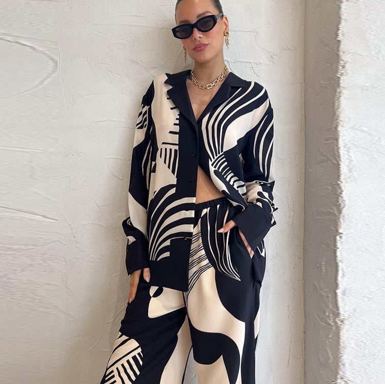 Tabita - Conjunto de Dos Piezas Camisa Manga Larga Con Botones y Pantalón Pierna Ancha Primavera Vernano Con Estampado Primavera Verano Para Mujer