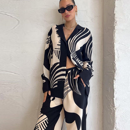 Tabita - Conjunto de Dos Piezas Camisa Manga Larga Con Botones y Pantalón Pierna Ancha Primavera Vernano Con Estampado Primavera Verano Para Mujer