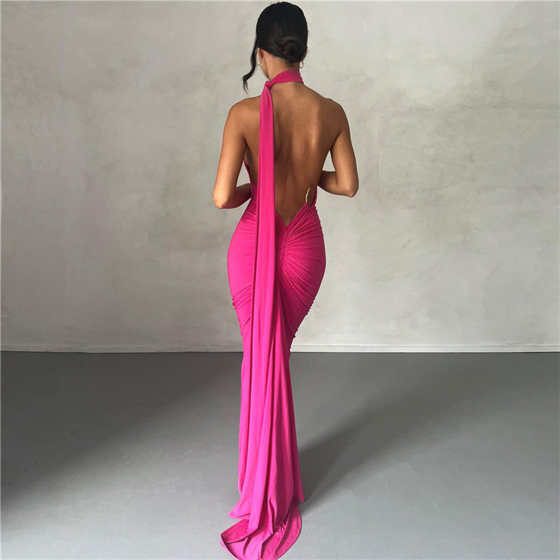 Eula - Vestido Elegante Largo Con Espalda Descubierta Ajustado Fruncido de Fiesta Boda Primavera Verano 2024 Para Mujer Rosa