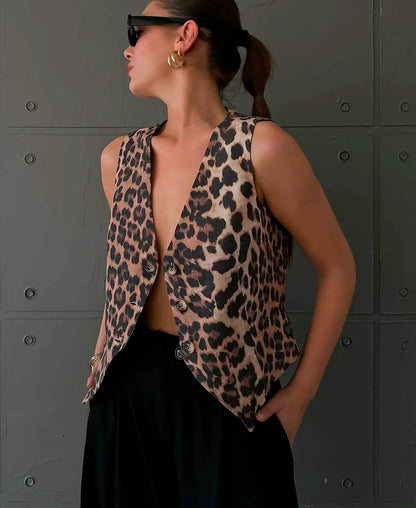 Chaleco entallado con escote en V y estampado animal para mujer – DARIA