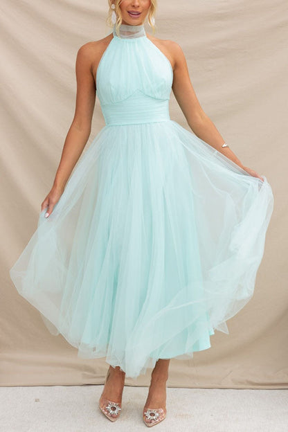 Vestido midi con escote halter y falda voluminosa – Lirenza