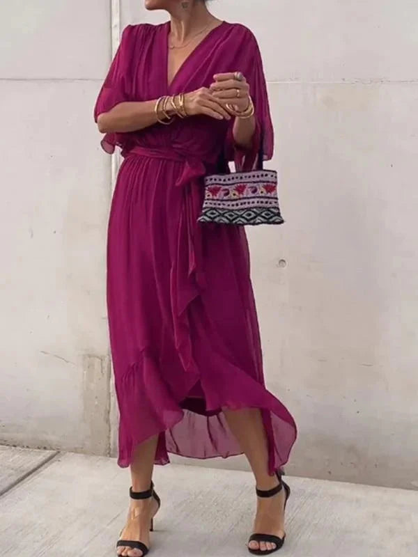 Vestido cruzado midi con cinturón y escote en pico – NAELLA