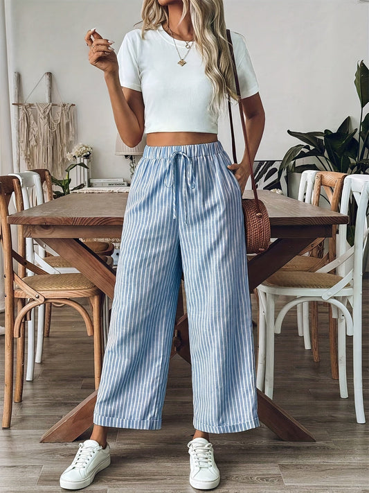 Pantalón recto de rayas con cintura elástica para mujer – LEONA