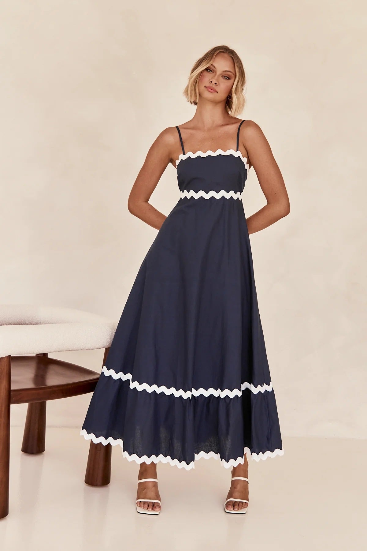 Mar - Vestido Largo de Tirantes Con Diseño de Ondas Color Combinado Playa Primavera Verano Para Mujer Azul Oscuro