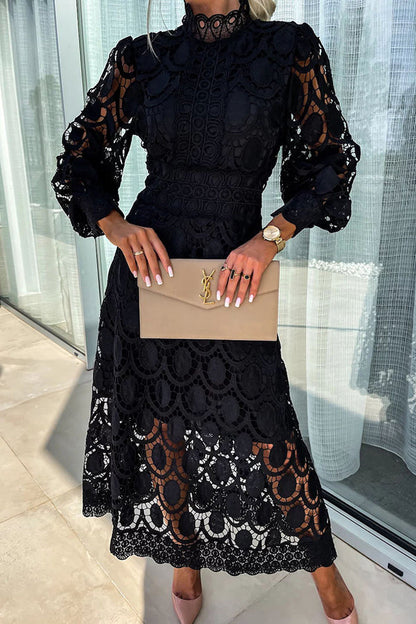 CADENZA – Vestido midi de encaje con mangas largas y estilo atemporal