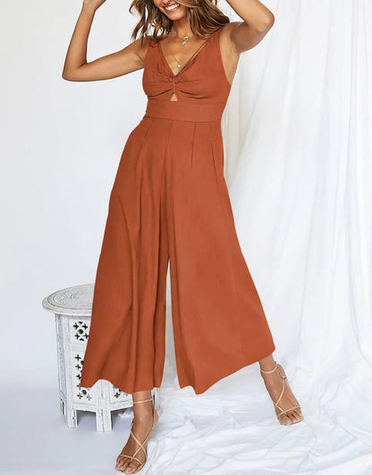 Mono elegante sin mangas con escote en V y pernera ancha – BRIGITTA