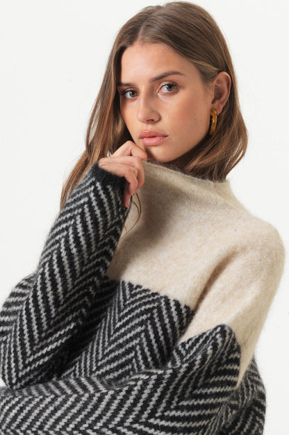 DORY - Suéter de cuello alto bicolor de algodón para mujeres