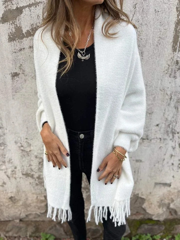 Abrigo largo cálido para mujer con flecos y diseño – MILA