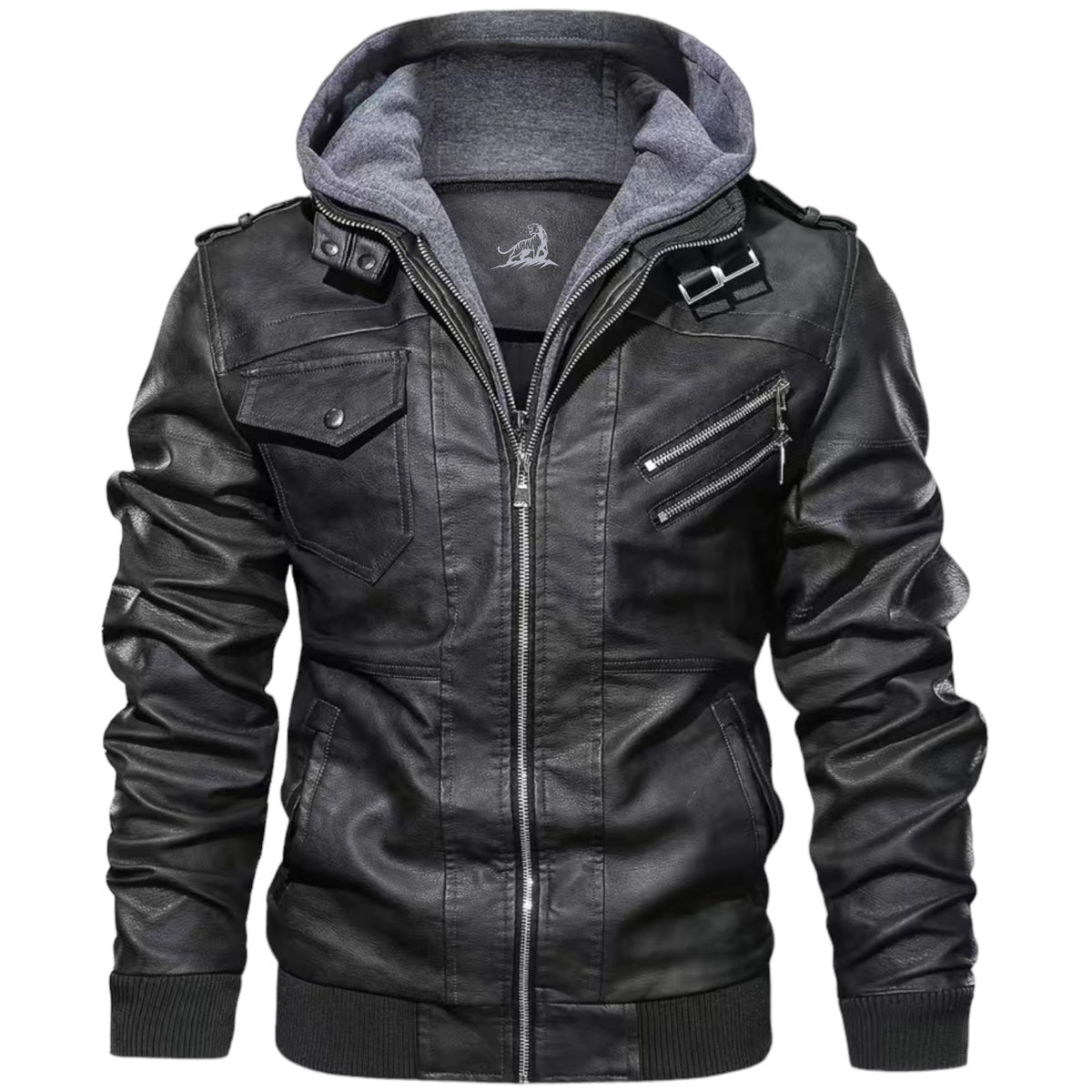 FABIO - Chaqueta de cuero con capucha y cremallera para hombre