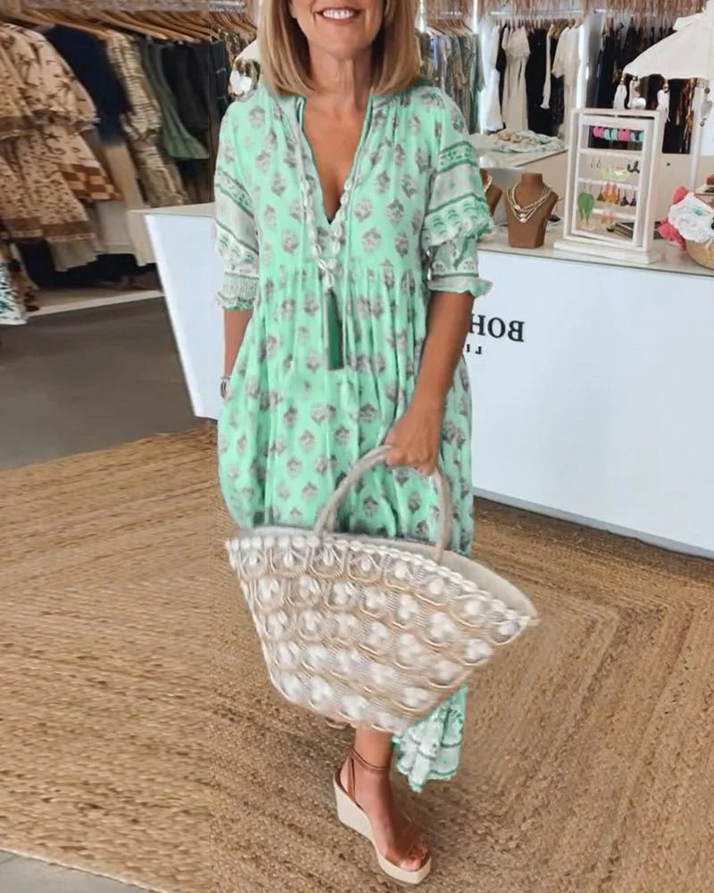 FIORELLA – Vestido midi bohemio con estampado y lazos de flecos para mujer