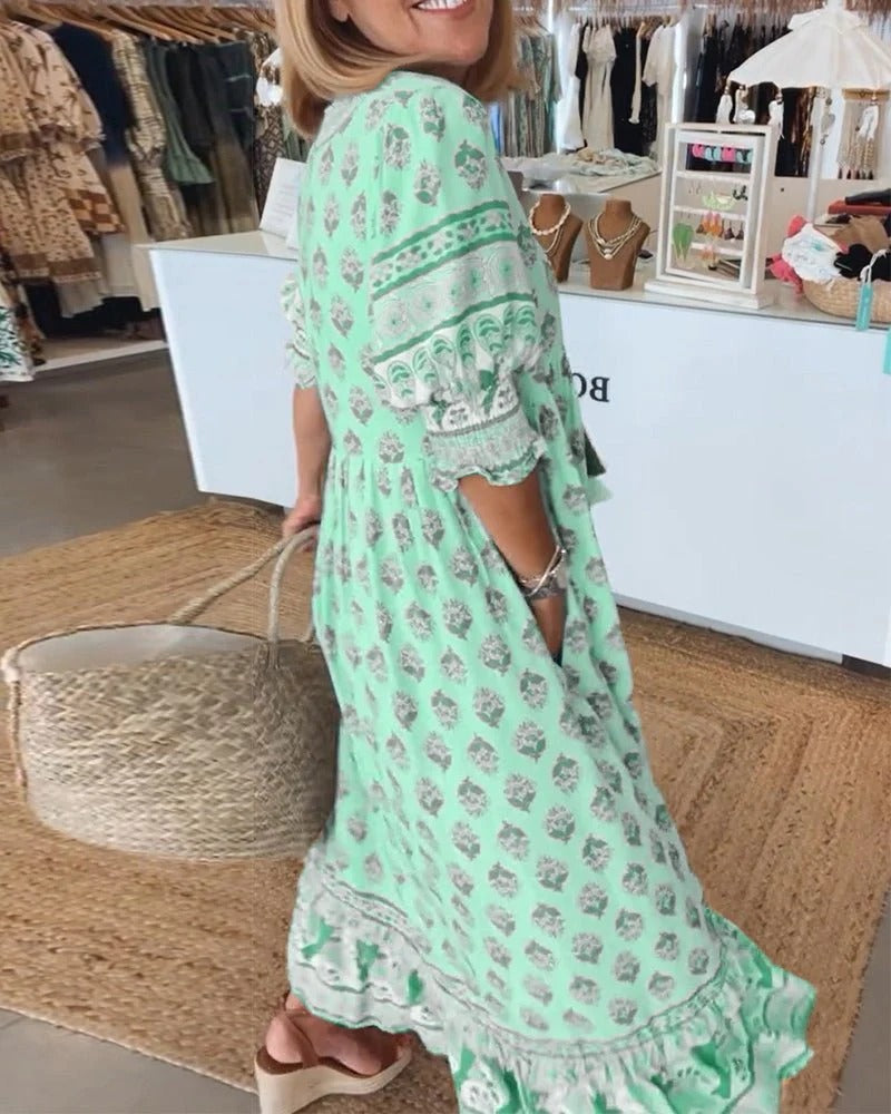 FIORELLA – Vestido midi bohemio con estampado y lazos de flecos para mujer