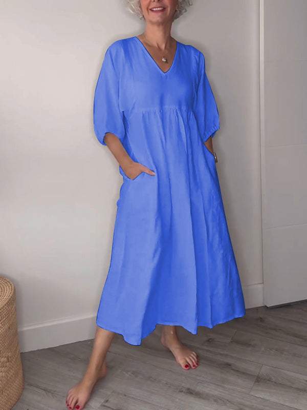 Vestido midi casual con escote en V y bolsillos para mujer – LUCIA