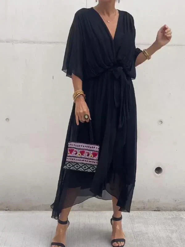 Vestido cruzado midi con cinturón y escote en pico – NAELLA