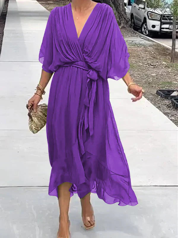 Vestido cruzado midi con cinturón y escote en pico – NAELLA