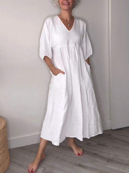 Vestido midi casual con escote en V y bolsillos para mujer – LUCIA