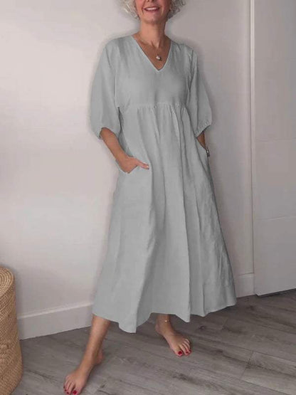 Vestido midi casual con escote en V y bolsillos para mujer – LUCIA