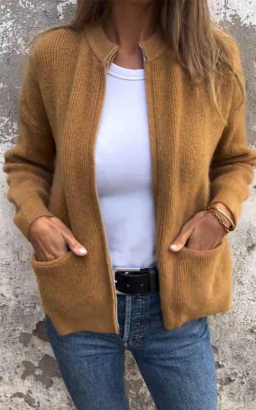 BEEBEE - Cálida chaqueta de punto de algodón con cremallera para mujeres