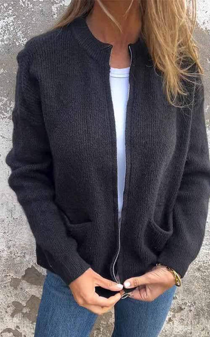 BEEBEE - Cálida chaqueta de punto de algodón con cremallera para mujeres