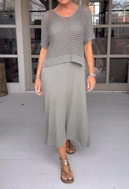 Conjunto de vestido y blusa calada de estilo casual – ADRIELLE