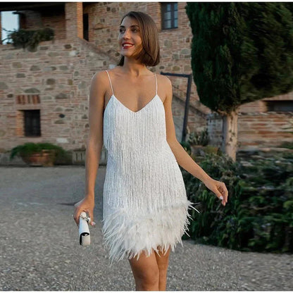 NICA – Vestido corto de fiesta para mujer con lentejuelas y plumas