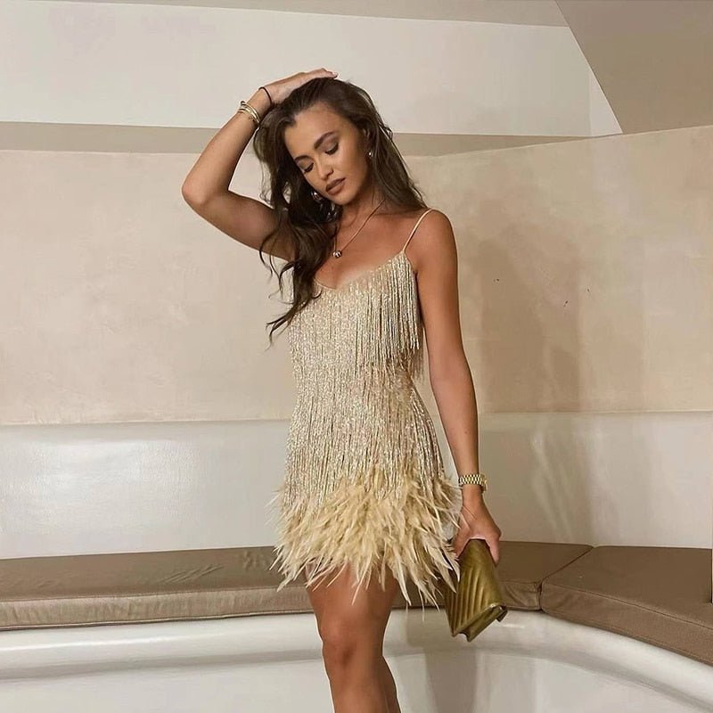 NICA – Vestido corto de fiesta para mujer con lentejuelas y plumas